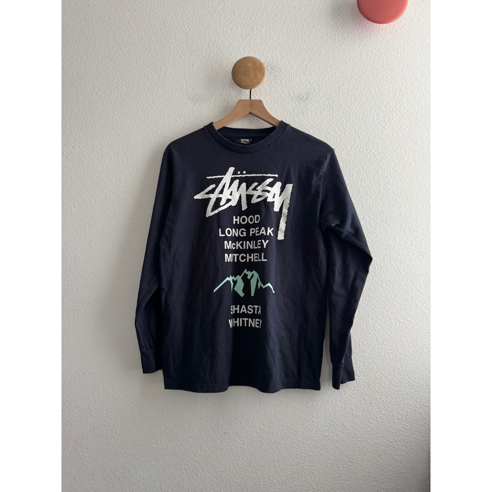 Stussy Mens Navy Blue Long Sleeve Mountain Peaks Graphic Tshirt Medium